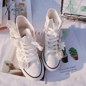 New White Inner Height-Increasing Vulcanized Shoes Original Butterfly Flower High-Top Canvas Sweet